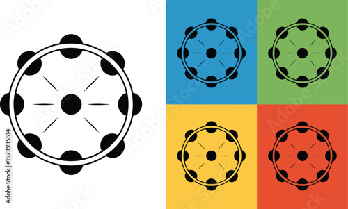 A collection of tambourine illustrations with different colored backgrounds in a graphic design style