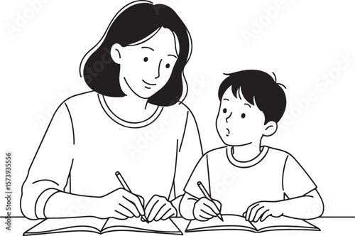  Black line art illustration of a mother and son doing schoolwork together