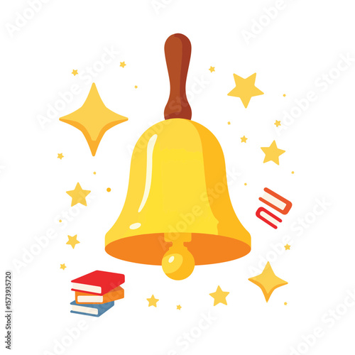 Shiny school bell surrounded by books and stars, back-to-school excitement