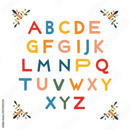 Colorful alphabet chart with geometric shapes, educational design