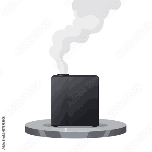 Sleek fog machine emitting swirling fog on circular platform, modern design