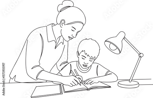 Black continuous line art drawing of a mother helping her son with homework at a desk.