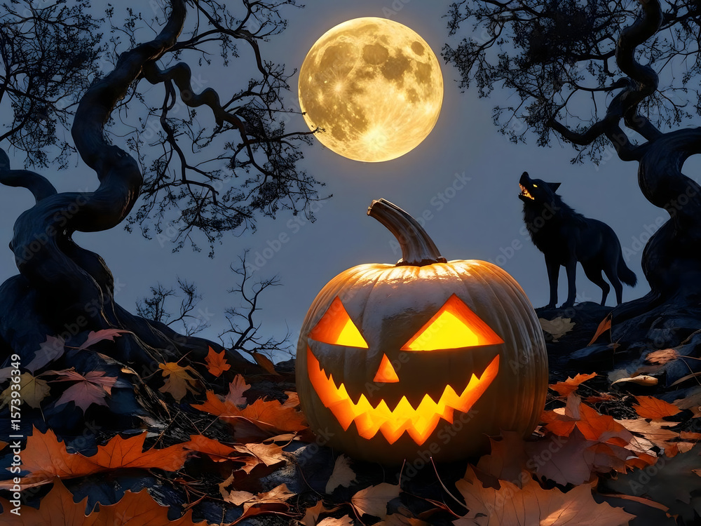 Fototapeta premium Jack-O'-Lantern with Wolf Howling at Full Moon Halloween Scene