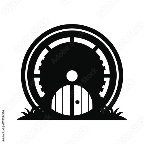 Round hobbit style fantasy door silhouette for storybook themes and enchanted designs