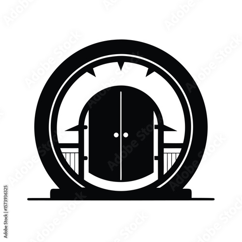 Fantasy hobbit round door silhouette for fairy tale architecture and magical entrances