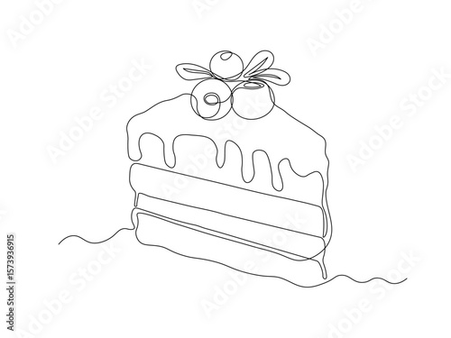 Dessert sweet piece of cake with cranberry berry, sweetness, continuous single one line art hand drawing sketch logo
