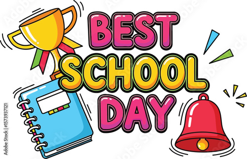 Illustration of school day with trophy, book, bell, and text elements