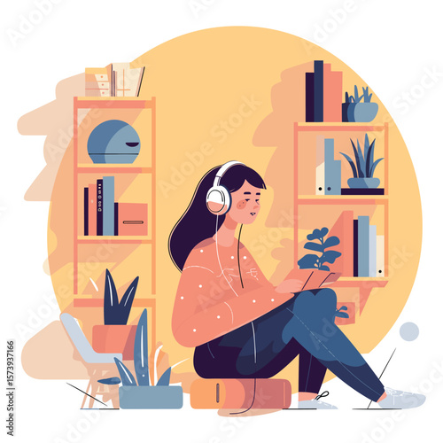 A serene depiction of a woman enjoying music with headphones in a comfortably furnished setting surrounded by books and plants. Ideal for concepts like relaxation, leisure, and home lifestyle.