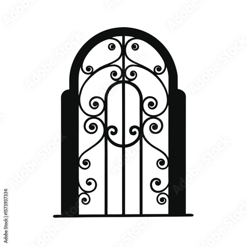 Vintage iron gate door silhouette with scrollwork for historic home and garden design