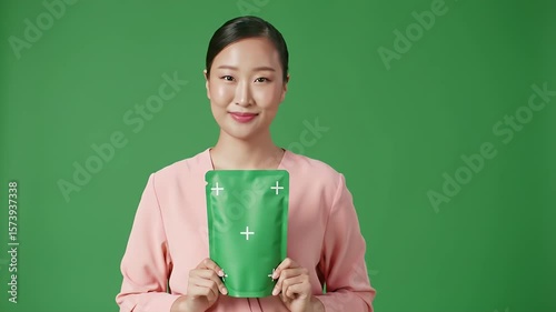 Smiling Woman Presents Green Pouch in Pink Top Against Green Studio Background