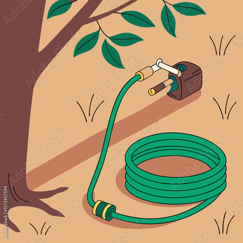 Garden hose with splitter and coiled hose near tree in backyard  