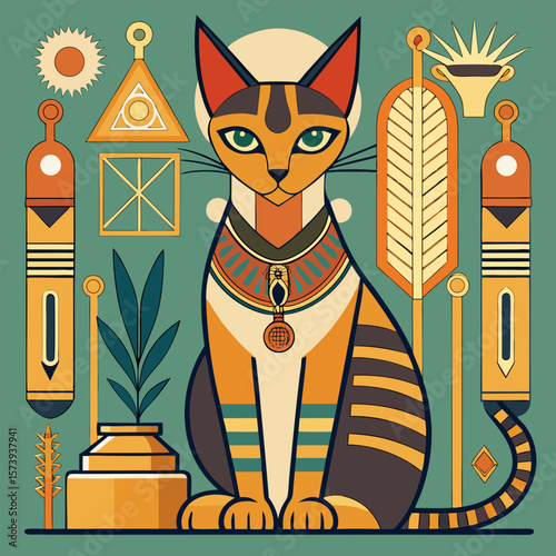 Charming ancient Egypt inspired cat graphic with classic Egyptian elements suitable for icons, stickers, and unique creative design projects.