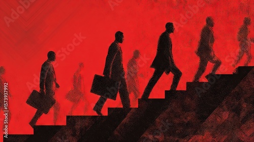 Silhouettes of businesspeople with briefcases ascending dark stairs against an intense red textured background symbolizing ambition and corporate climb
