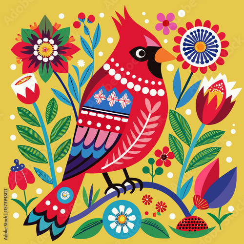 Whimsical cardinal perched among colorful flowers, folk art style graphic perfect for springtime themes and decorative designs