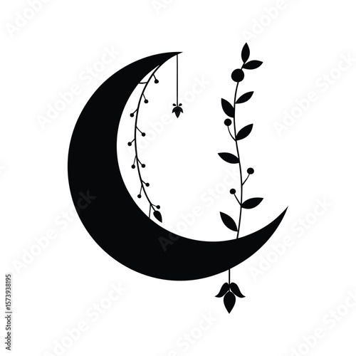 Moon shaped flower frame silhouette with hanging elements for dreamlike vintage layout