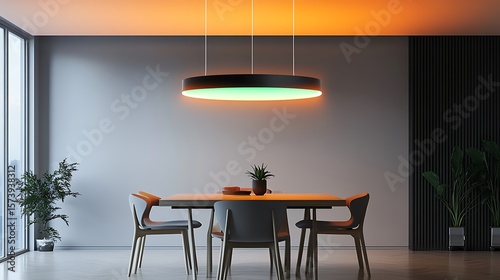 Dining room with round light fixture and plants in a modern interior design