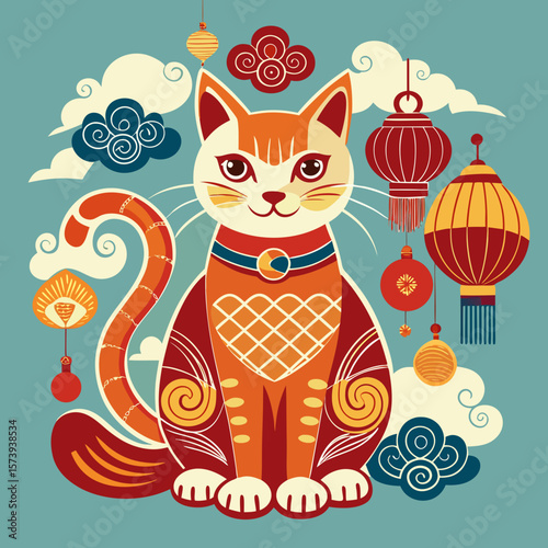 A festive feline graphic celebrates the lunar new year, with traditional lanterns and ornamental clouds evoking Chinese culture.