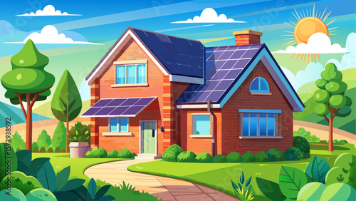 Eco-friendly brick house with a gable roof equipped with solar panels, nestled within a lush green garden. Bathed in sunlight under a clear blue sky, this sustainable home blends modern technology