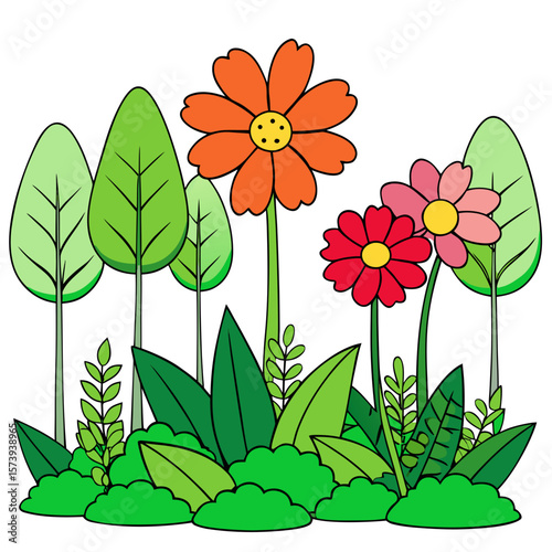 Garden Flowers and Leaves Illustration