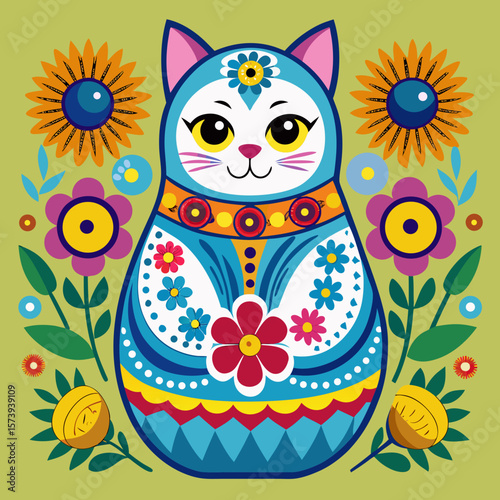 Decorative nesting doll features a cat character and floral elements, perfect for folk art designs or children's craft projects.