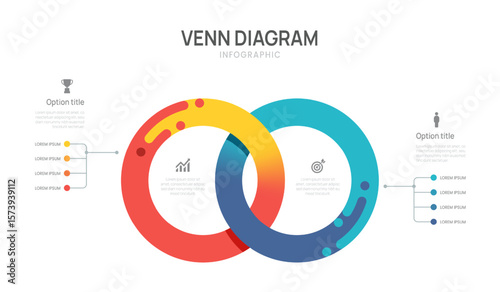 Venn diagram business infographic circle ring chart template 2 options, presentation with venn diagram elements vector illustration.