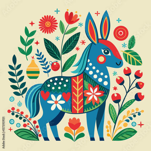 Folk art design presents a charming donkey surrounded by whimsical flowers and leaves, ideal for various creative projects or cultural themes.