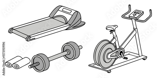  Fitness and Gym Equipment – Dumbbell, Treadmill, and Exercise Bike Vector
