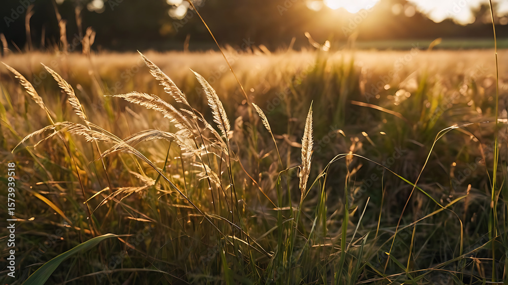 Fototapeta premium Golden hour in a grassy meadow with tall wild grass waving in the breeze. Warm, golden sunlight, soft focus, and dreamy mood. No human presence. Ideal for mindfulness visuals, outdoor lifestyle 