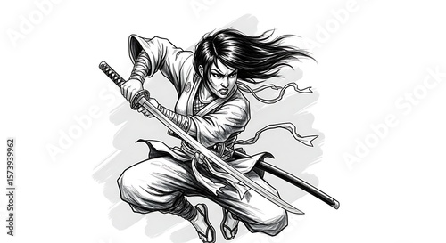 Female ninja warrior with katana sword action pose manga style character illustration black and white artwork