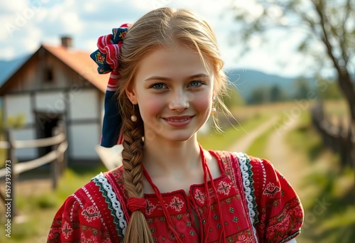 Young maiden in traditional Serbian dress, vibrant colors, rural setting, nature, skirt