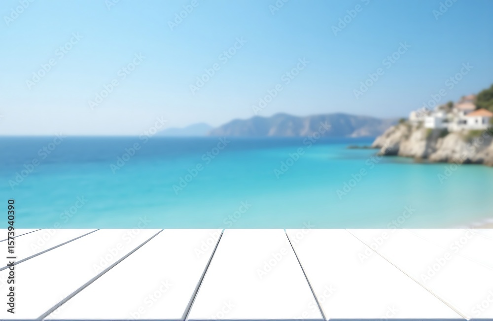 Fototapeta premium Whitewashed wooden surface with panoramic ocean and city backdrop, aspirational coastal mockup for luxury travel branding
