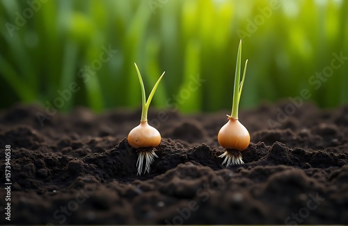 Green onion sprout from bulb in moist black soil, close-up side view, macro nature photography for organic gardening visuals