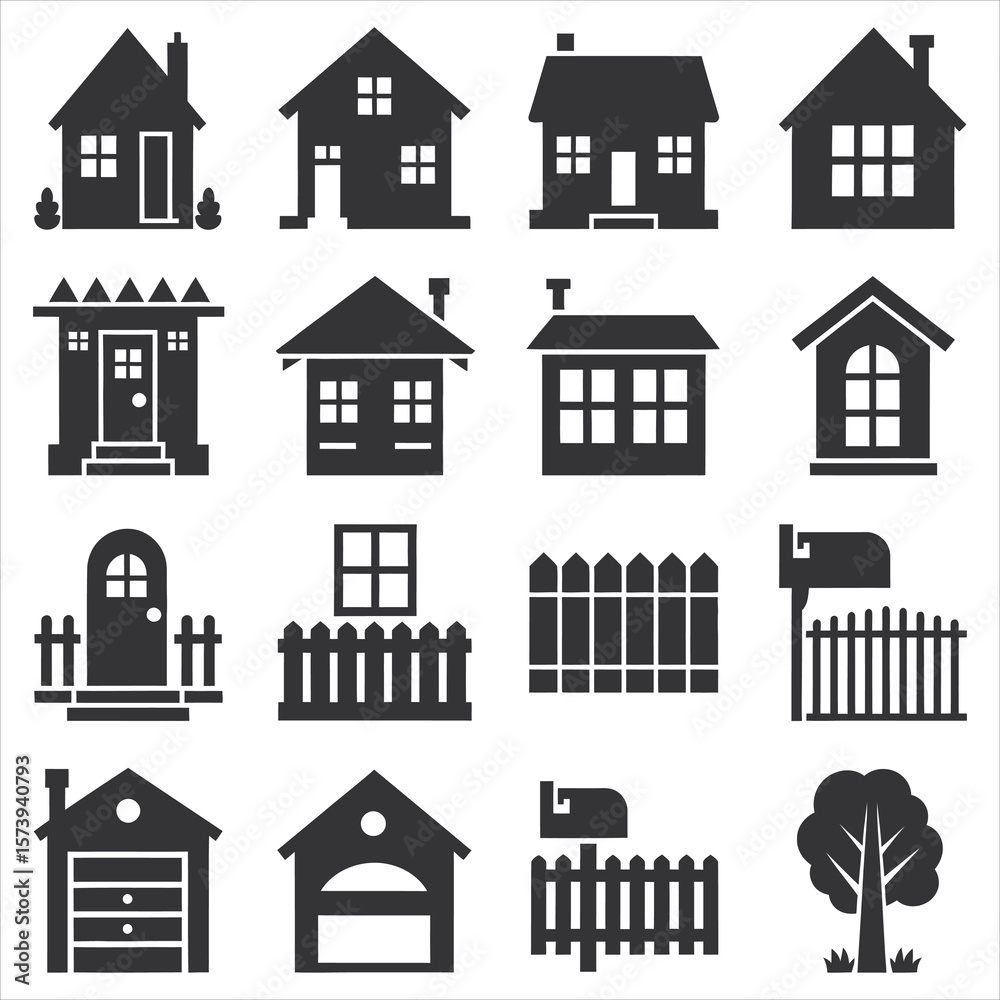 Fototapeta premium Diverse residential building icons with fences mailboxes and trees house icons residential buildings