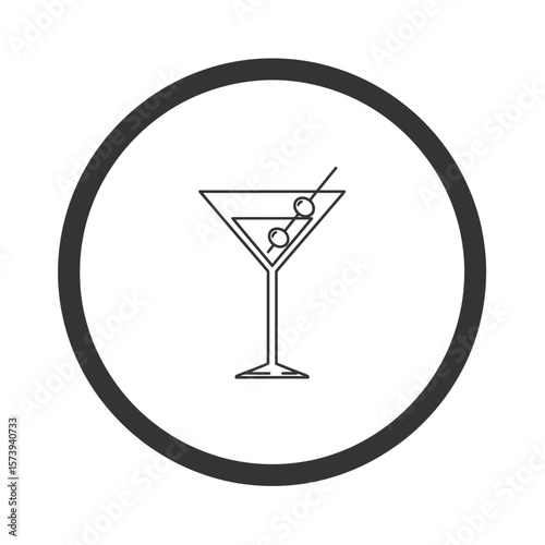 Outline drawing of martini glass with olives inside a dark gray circle on a white background view