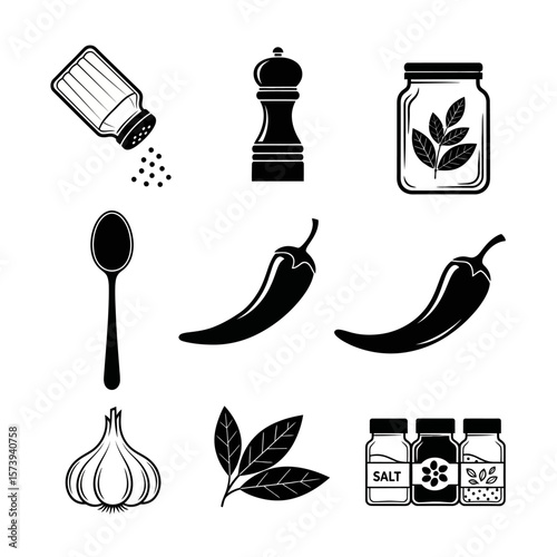 Black and white vector illustration of various cooking ingredients and kitchen utensils icons set up