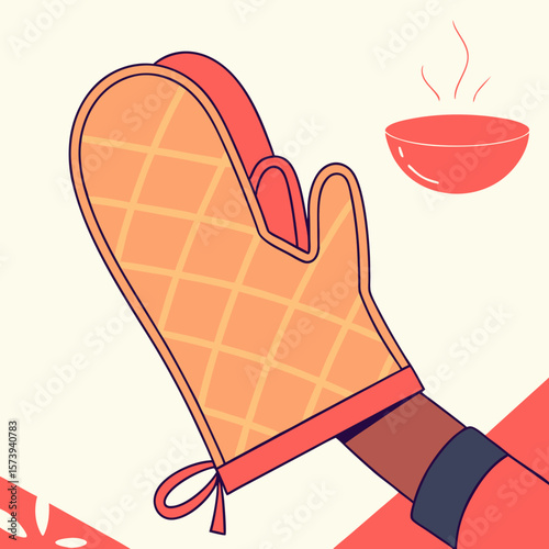 Colorful silicone oven mitt holding hot bowl in kitchen setting  