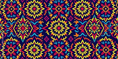 Intricate geometric Yakan-inspired embroidery pattern in vibrant colors, perfect for textile prints,  traditional,  design