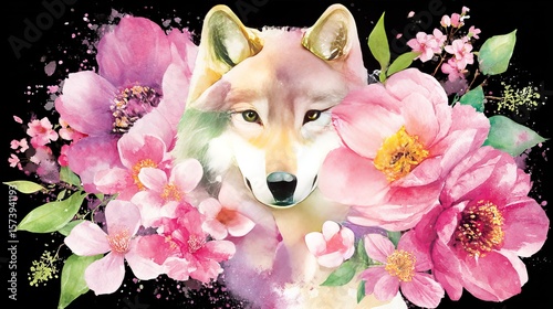 Wolf Animal Portrait With Forest Flowers And Leaves. Detailed Character Design In A Soft Pastel Watercolor Style. Vector Illustration Of A Wild Canine On A Dark Background For Mystic Art