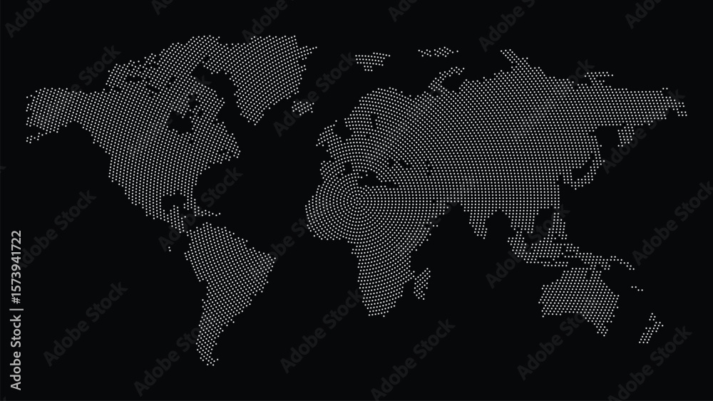 Obraz premium Dark-themed world map with continents rendered in shades of gray over a black background. Ideal for global, editorial, and geopolitical design contexts.