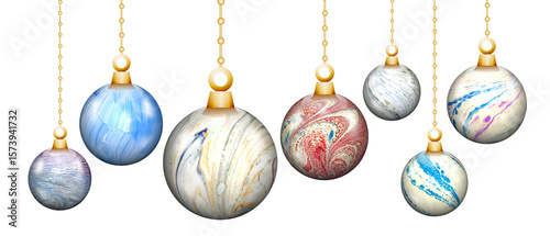 Colorful marble christmas baubles hanging from golden strings
