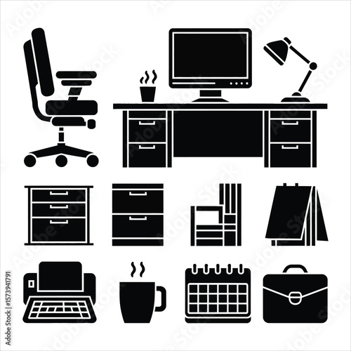 Office desk chair computer lamp filing cabinets printer coffee mug calendar briefcase office chair