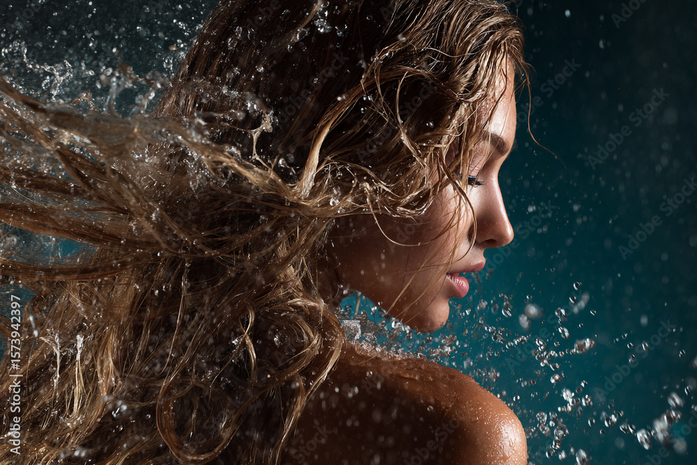 Obraz premium Beautiful young woman's face and hair wet from water drops in a winter shower, highlighting her glowing skin and glamour