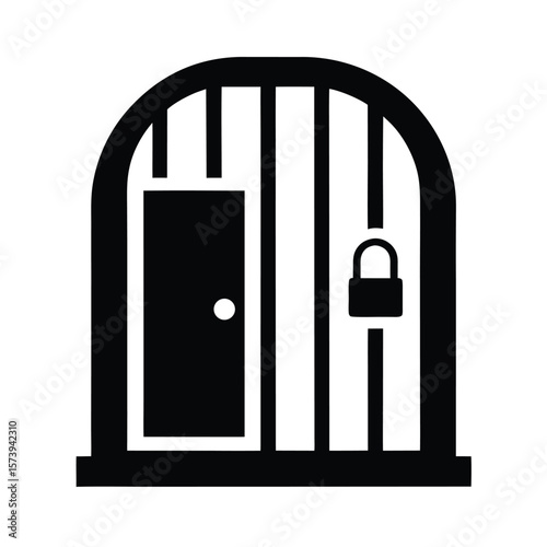 Barred prison door silhouette with padlock for secure jail cell and prison entrance art