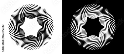 Abstract background with lines in circle. Art design spiral as logo or icon with 6 parts. A black figure on a white background and an equally white figure on the black side.