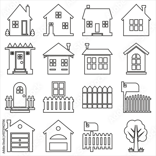 Various house designs with windows doors fences and trees home building