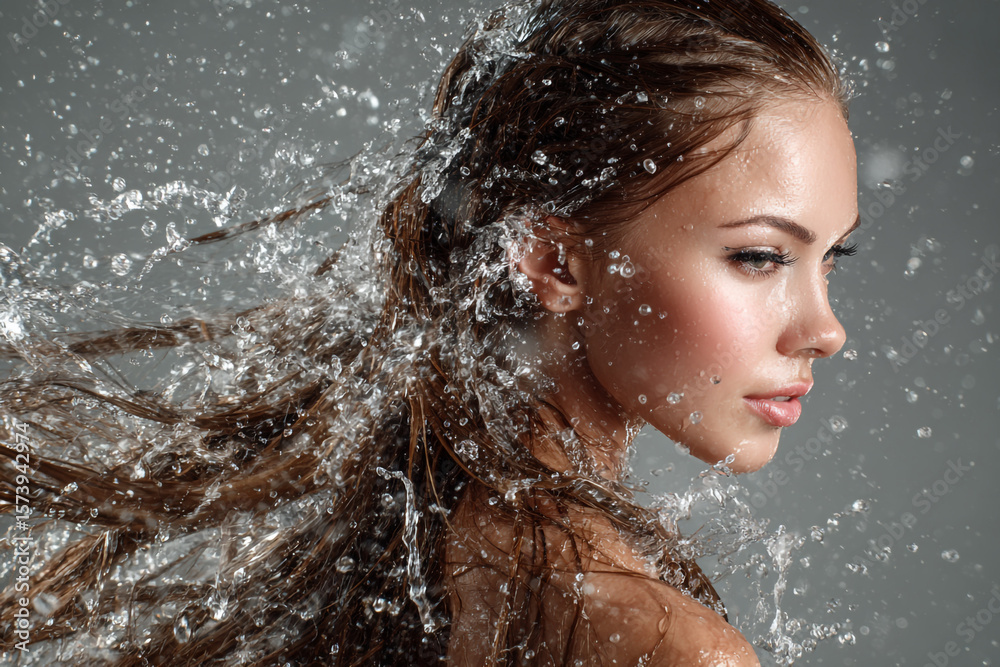 Obraz premium Beautiful young woman's face and hair wet from water drops in a winter shower, highlighting her glowing skin and glamour