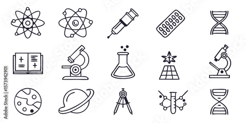 Thin Linear Science Line Icon Set Featuring Atom, Microscope, Telescope, Lab Flask, Equations, Magnet, Solar System, and DNA Symbols for Scientific and Educational Designs