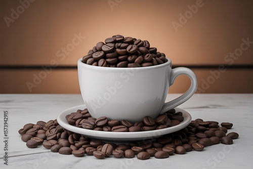 Wallpaper Mural A white cup overflowing with roasted coffee beans sits on a saucer surrounded by more beans Torontodigital.ca
