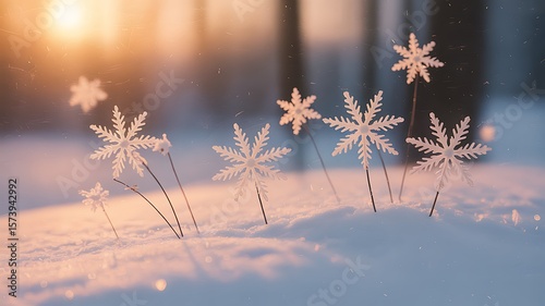 Wallpaper Mural Delicate snowflakes adorn a snowy landscape during a warm golden hour sunset Torontodigital.ca