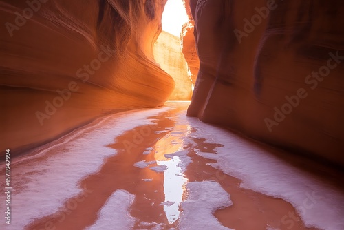 Wallpaper Mural Sunlight illuminates a narrow slot canyon with water and ice on the ground Torontodigital.ca